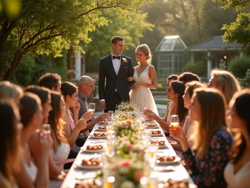 A cheerful post-wedding brunch setup in a sunny garden, with guests enjoying mimosas and pastries at long tables decorated with fresh flowers. The newlyweds smile as they mingle with loved ones, capturing the warmth and joy of extending the wedding celebration beyond the main event.