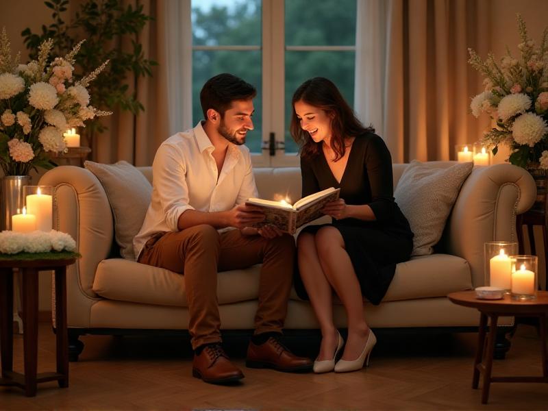 A couple smiling and laughing while looking through a wedding photo album, surrounded by candles and flowers. The soft, warm lighting creates a nostalgic and joyful atmosphere, reminding us to cherish the journey of wedding planning.