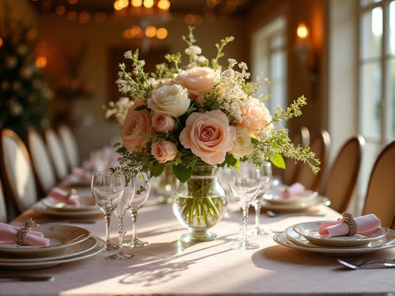 A cheerful wedding vendor team setting up a reception table with elegant floral arrangements, fine china, and sparkling glassware. The warm, natural lighting highlights their attention to detail and dedication to creating a stress-free wedding experience.