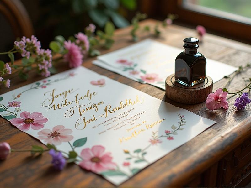 A beautifully arranged collection of handmade wedding invitations on a wooden table. The invitations feature delicate watercolor designs, gold foil accents, and handwritten calligraphy, surrounded by scattered flowers and a vintage ink bottle.