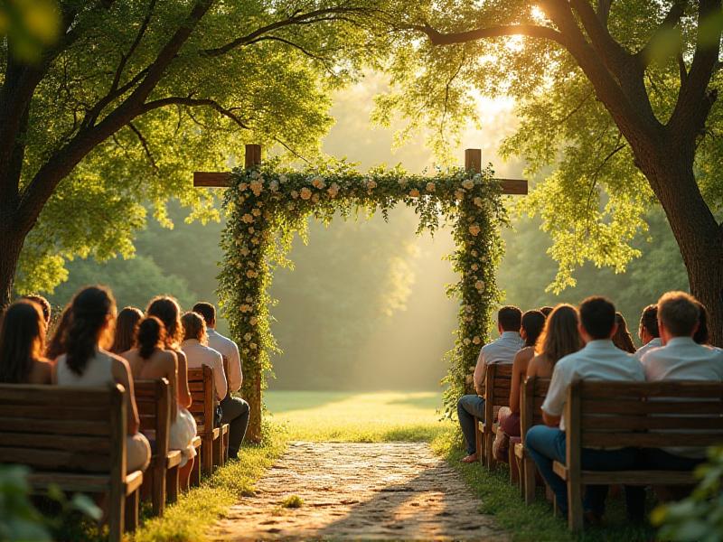 A serene outdoor wedding venue with a wooden arch adorned with white flowers and greenery, set against a backdrop of lush trees and golden sunlight. Guests are seated on rustic wooden benches, creating a warm and inviting atmosphere.