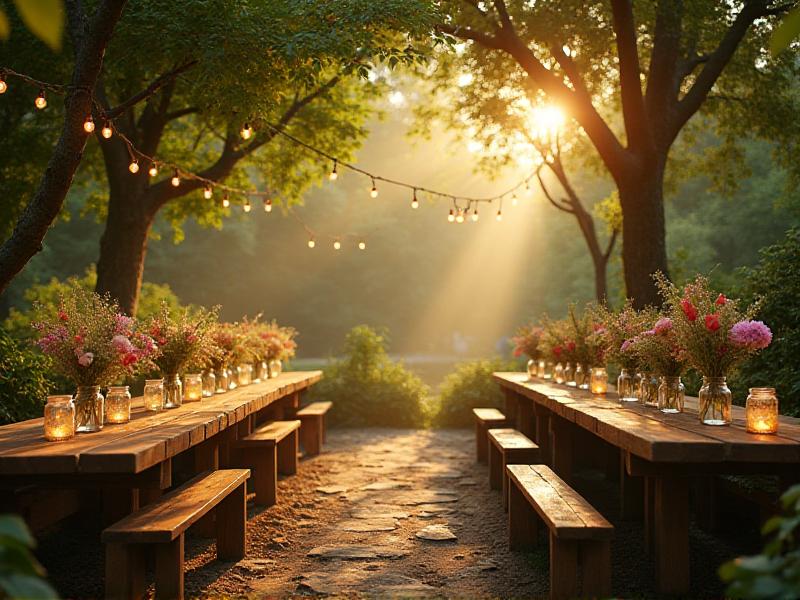 A rustic outdoor wedding setup with wooden tables adorned with potted plants, mason jar centerpieces, and twinkling fairy lights under a canopy of trees. The scene is bathed in soft golden sunlight, creating a warm and eco-friendly ambiance.