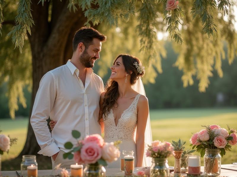 A charming DIY wedding setup with handmade paper flowers, mason jar centerpieces, and a rustic wooden backdrop. The couple smiles as they celebrate their special day surrounded by loved ones, showcasing how creativity and thoughtful planning can result in a beautiful, budget-friendly wedding.