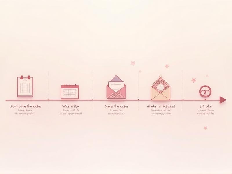 A timeline graphic showing the sequence of sending save-the-dates and wedding invitations. The graphic includes icons representing a calendar, envelope, and wedding rings, set against a soft gradient background. The text is clear and concise, making it easy to understand the recommended timelines for each step.