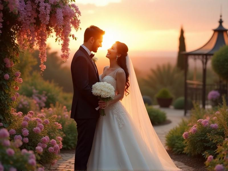 A joyful wedding couple standing together, holding hands and smiling brightly. They are surrounded by a beautiful outdoor setting with flowers and greenery, and the golden light of the setting sun creates a warm and romantic atmosphere.