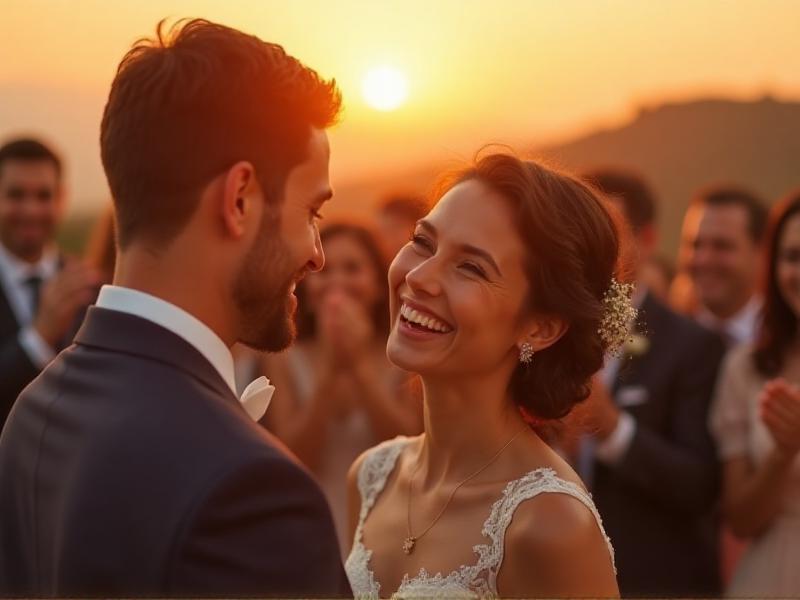 A photographer capturing a candid moment of the bride and groom laughing together during their wedding ceremony. The golden hour light illuminates their faces, and the blurred background shows guests clapping and smiling. The scene is filled with joy and authenticity.