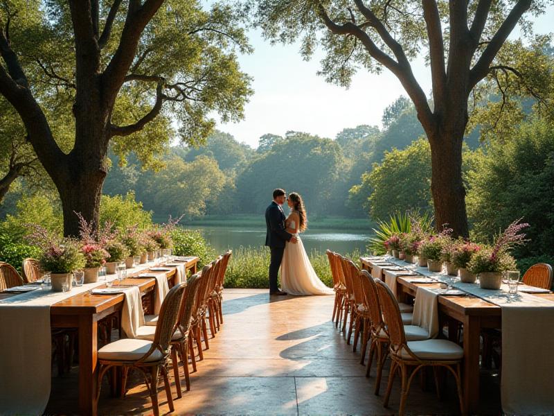 A serene outdoor wedding setup with wooden tables adorned with potted succulents, linen table runners, and glass jars filled with wildflowers. The natural setting is bathed in soft sunlight, creating a warm and inviting atmosphere that highlights the couple’s commitment to sustainability.