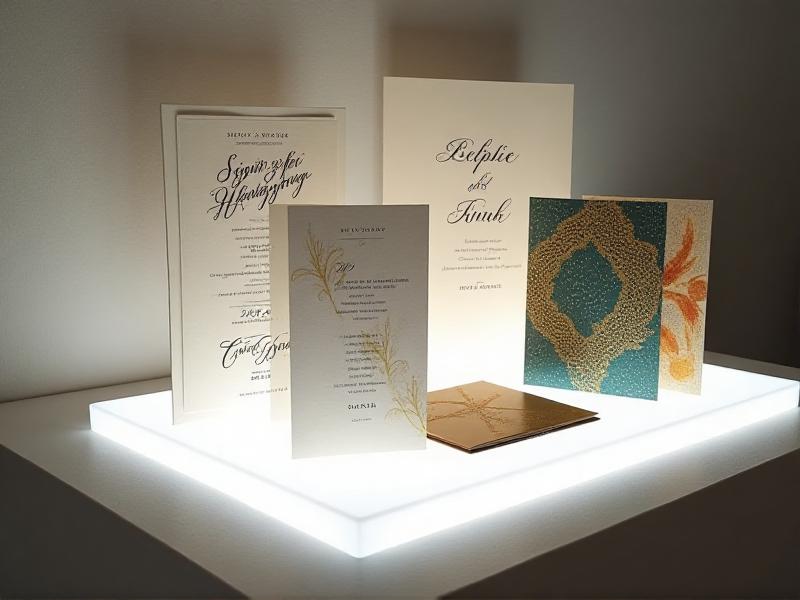 A collection of wedding invitation samples showcasing various styles, from minimalist black-and-white designs to colorful bohemian patterns. The invitations are displayed on a lightbox with soft, diffused lighting, highlighting the intricate details and textures of each design.