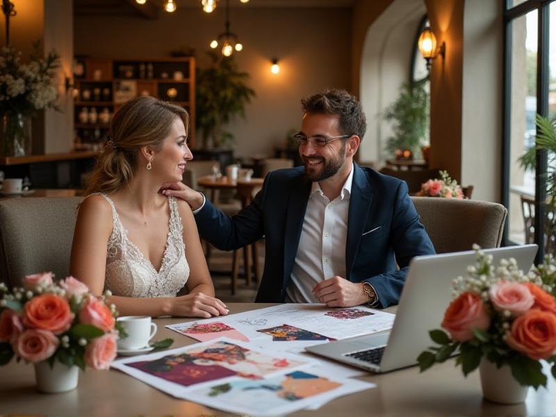 A bride and groom meeting with a wedding planner and a florist at a stylish cafe. The table is filled with sample bouquets, fabric swatches, and a laptop displaying a mood board.