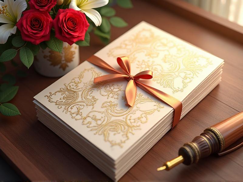 A stack of elegant wedding invitations with gold foil detailing, tied with satin ribbons. The invitations are placed on a wooden table next to a vase of fresh flowers and a calligraphy pen.