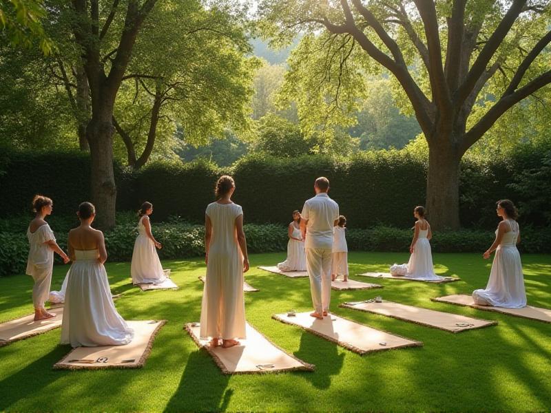 A serene outdoor yoga session for wedding guests, with mats arranged on a grassy lawn surrounded by tall trees. The instructor is guiding the group through a gentle flow, and the atmosphere is peaceful and rejuvenating.