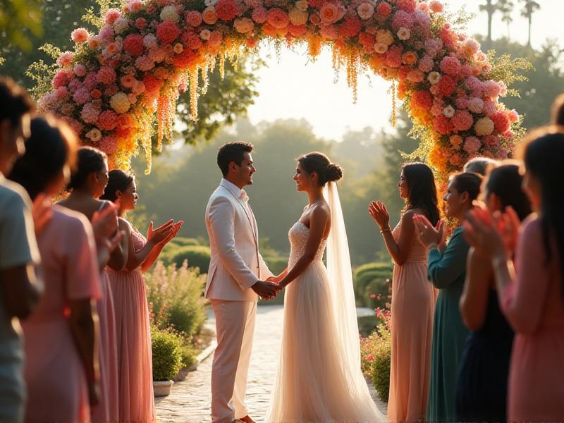 A joyful wedding ceremony featuring a same-sex couple exchanging vows under a rainbow-colored arch adorned with flowers. The diverse group of guests cheers and claps, with the vibrant colors and expressions of love creating a celebratory and inclusive atmosphere.