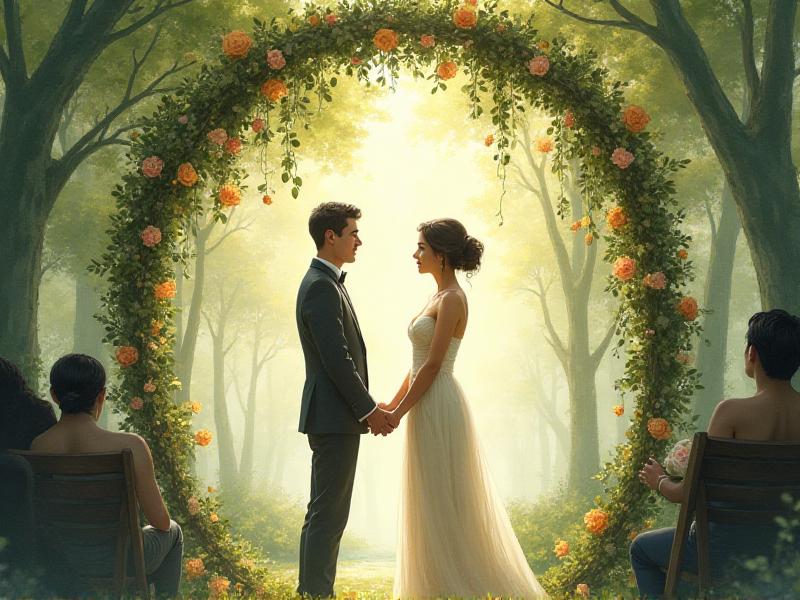 A couple exchanging handwritten vows under a floral arch, with tears in their eyes and their hands clasped together. The setting is intimate, with soft sunlight filtering through the trees and a small group of loved ones watching in the background.