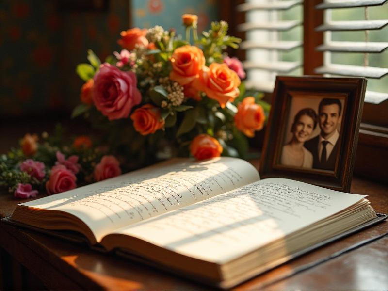 A heartwarming image of 'The Wedding Guest Book' open to a page with handwritten messages from guests. The book is placed on a vintage table next to a bouquet of flowers and a framed photo of the couple, creating a sentimental and nostalgic scene that highlights the importance of creating a memorable keepsake.