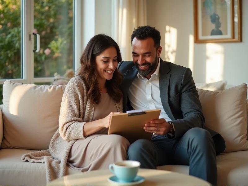 A couple sitting on a couch, reviewing a handwritten guest list on a clipboard. The cozy living room is filled with natural light, and a cup of tea sits on the coffee table, symbolizing a thoughtful and stress-free approach to wedding planning.