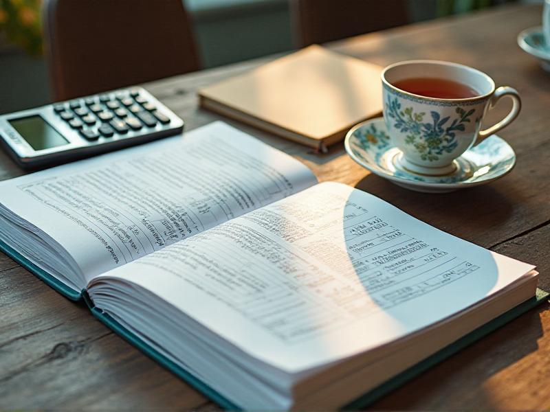 A close-up of 'The Budget-Savvy Wedding Planner' open to a page with a budget breakdown and cost-saving tips. The book is placed on a kitchen table next to a calculator, a notebook, and a cup of tea, symbolizing the practical and thoughtful approach to wedding planning that the book promotes.