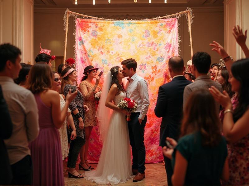 A lively wedding reception with guests enjoying a DIY photo booth. The booth features a colorful backdrop, a variety of props like hats and sunglasses, and a camera on a tripod. Guests are laughing and posing for photos, creating a fun and festive atmosphere.