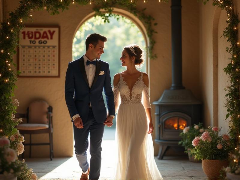 A bride and groom holding hands and smiling as they walk down a flower-lined path, with a countdown calendar in the background showing '1 Day to Go.' The scene is filled with excitement and anticipation.