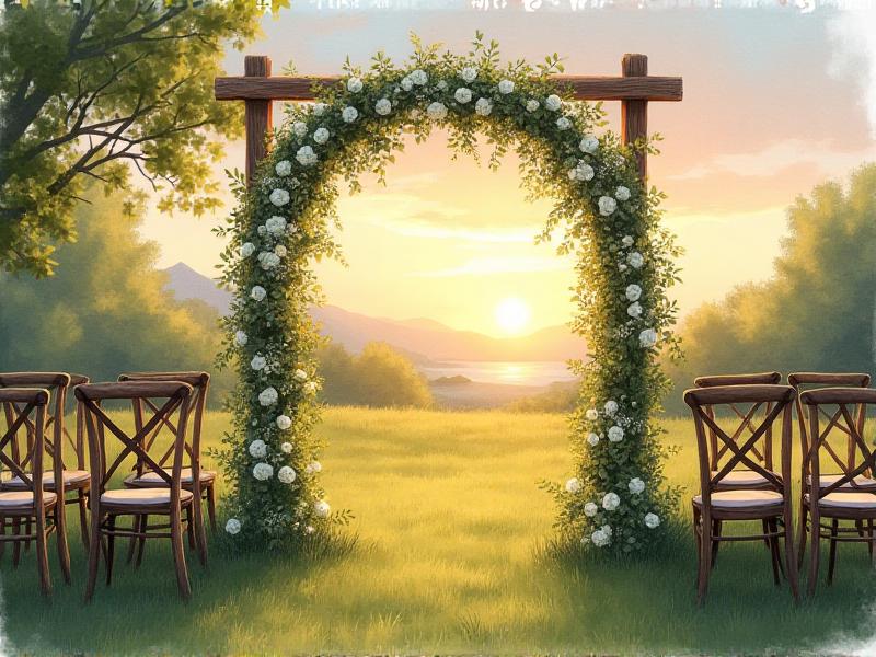 A serene outdoor wedding venue with a rustic wooden arch adorned with white flowers and greenery. The setting sun casts a golden glow over the grassy field, and a few wooden chairs are arranged in rows. The scene exudes a romantic and natural vibe, perfect for an intimate ceremony.