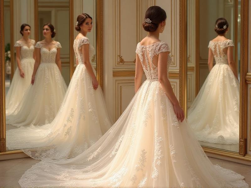 A bride trying on a stunning lace wedding dress in a boutique, surrounded by mirrors and soft lighting. The dress features intricate detailing and a flowing train, creating a dreamy and elegant look.