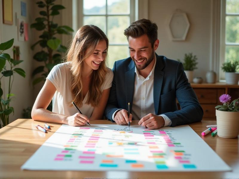 A couple laughing together while adjusting a wedding seating chart on a table. The room is filled with natural light, and colorful sticky notes and markers are scattered around, symbolizing a flexible and stress-free approach to wedding planning.