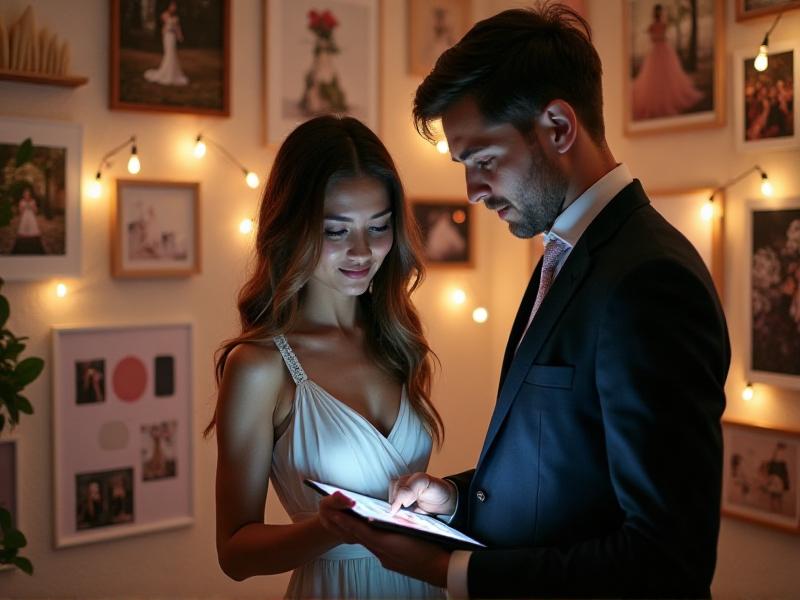 A stylish couple browsing wedding inspiration on a tablet, surrounded by mood boards filled with color swatches, fabric samples, and printed photos. The cozy, well-lit room reflects the couple’s excitement and creativity as they plan their dream wedding with the help of social media.