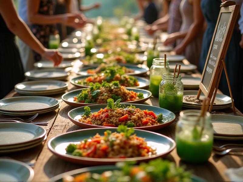 A buffet table at a wedding featuring a plant-based menu with dishes made from local and organic ingredients. The table is set with reusable ceramic plates, bamboo utensils, and glass jars for drinks. A chalkboard sign lists the menu items, and guests are seen filling their plates, enjoying a delicious and sustainable meal.