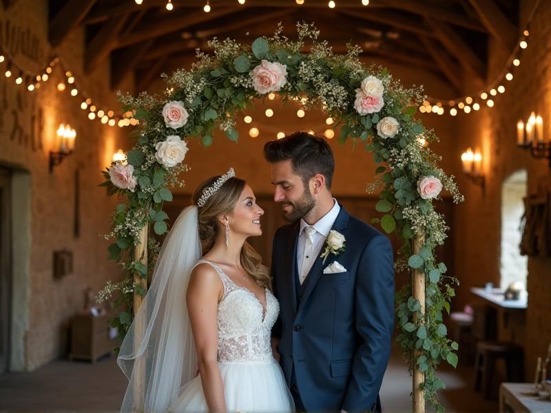 A romantic, intimate wedding ceremony in a rustic barn with wooden beams and twinkling fairy lights. The bride and groom exchange vows in front of a small group of close family and friends, with a floral arch and candles adding a warm, cozy ambiance to the scene.