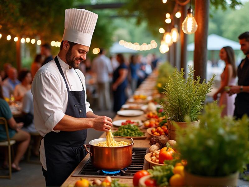 A lively wedding food station featuring a chef preparing fresh pasta in a copper pot. The station is adorned with fresh herbs, colorful vegetables, and rustic wooden crates, creating a farm-to-table vibe. Guests are gathered around, chatting and enjoying the interactive experience.