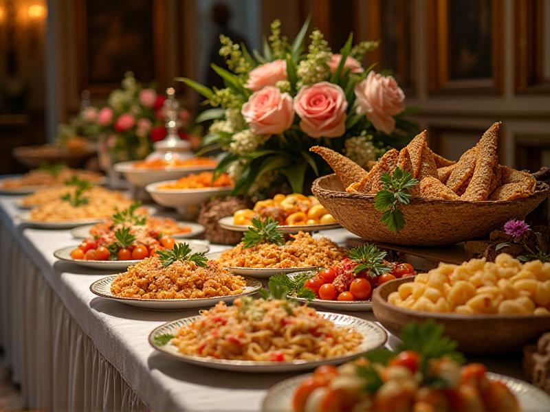 A beautifully arranged wedding buffet with dishes from around the world, including sushi, tacos, and pasta. The table is adorned with fresh herbs and flowers, and the vibrant colors of the food create a festive and inviting atmosphere.