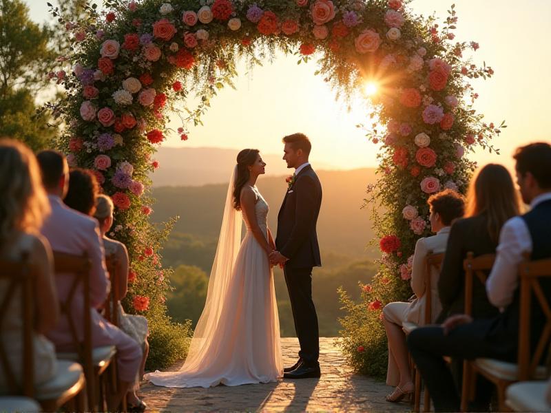 A couple exchanging vows under a floral arch during a romantic outdoor ceremony. The setting is bathed in soft, natural light, with guests seated on wooden benches surrounded by blooming flowers.