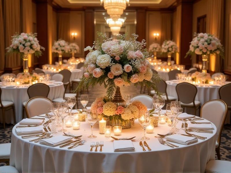 A beautifully decorated wedding reception table with elegant white linens, gold flatware, and lush floral centerpieces. The setting is illuminated by soft candlelight, creating a warm and inviting ambiance.