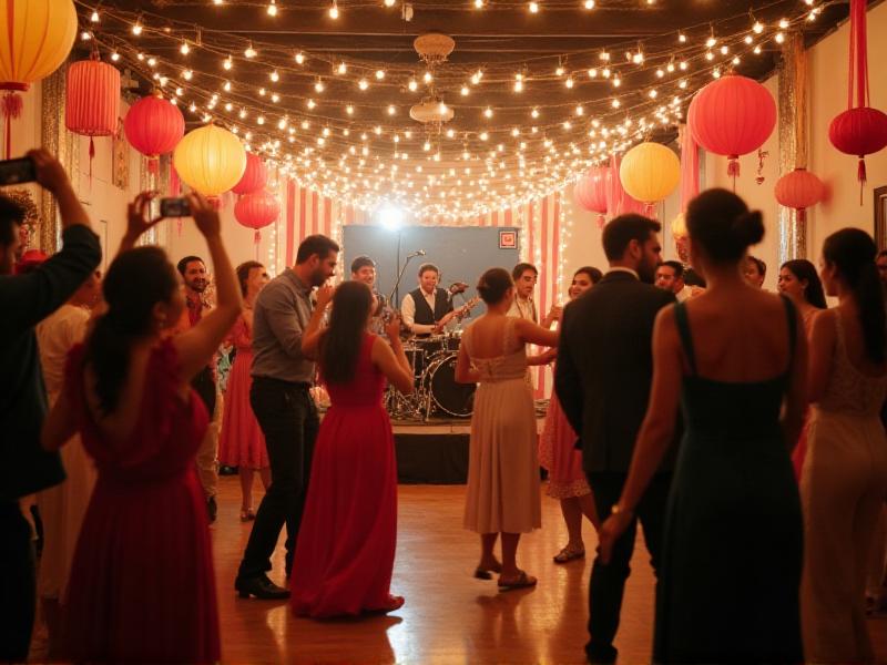 A lively wedding reception with guests dancing under string lights, a live band playing on stage, and a photo booth in the corner. The atmosphere is joyful and energetic, with colorful decorations and smiling faces everywhere.