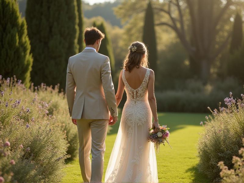 A bride wearing a vintage lace wedding dress made from sustainable materials, standing in a sunlit garden. The dress features intricate floral embroidery and a flowing train, complemented by a bouquet of wildflowers. The groom wears a linen suit with a boutonniere made from dried flowers, embodying a timeless and eco-conscious style.