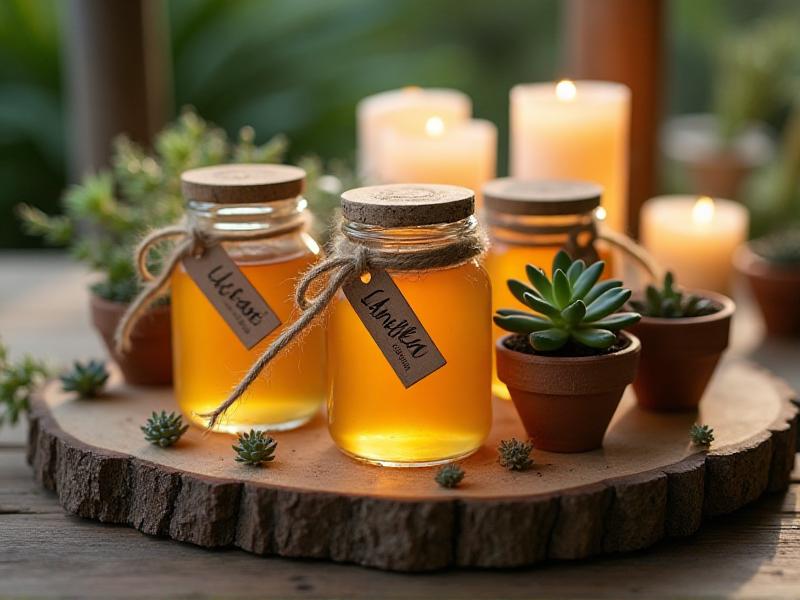 A charming display of DIY wedding favors, including small glass jars of homemade honey, mini potted succulents, and handmade candles. The favors are arranged on a wooden tray with twine and tags, creating a rustic and thoughtful presentation.