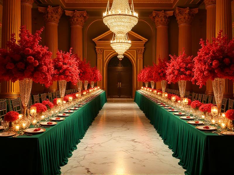 A vibrant wedding reception with tables draped in deep emerald green linens, accented by gold tableware and bold red floral centerpieces. The room is illuminated by warm, glowing chandeliers, creating a luxurious and dramatic atmosphere.