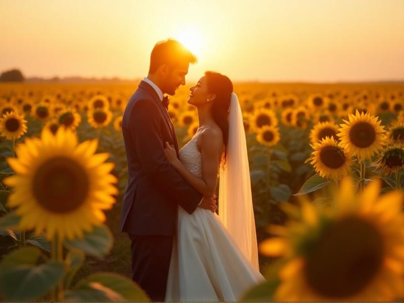 A couple posing for a wedding photo in a sunflower field, with the golden light of sunset illuminating their faces. The photographer is capturing the moment from a low angle, emphasizing the vastness of the field and the couple’s connection.