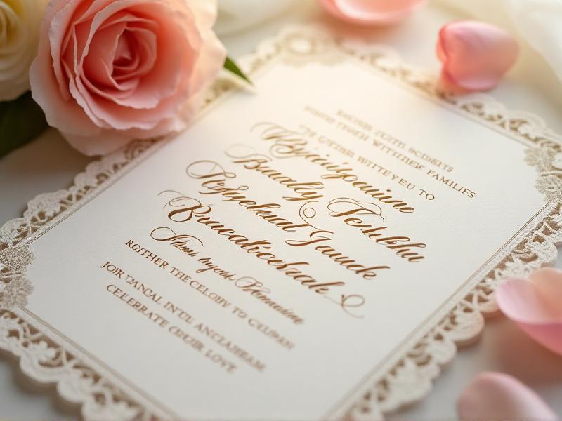 A close-up of a wedding invitation with beautifully crafted wording. The text is written in elegant calligraphy, with phrases like 'Together with their families' and 'Joyfully invite you to celebrate their love.' The invitation is placed on a lace doily with a few scattered rose petals, adding a touch of romance and elegance.