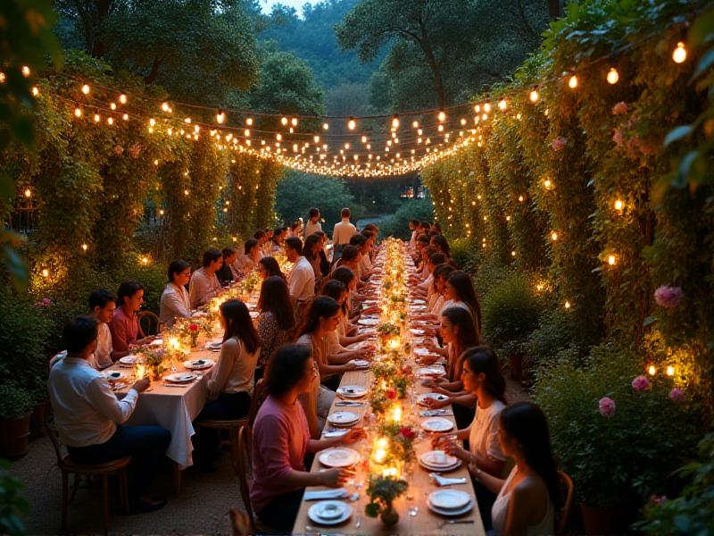 A whimsical wedding reception held in a lush botanical garden, with string lights hanging above long wooden tables adorned with greenery and candles. Guests laugh and toast under the stars, surrounded by the natural beauty of the garden, creating a magical and unforgettable atmosphere.