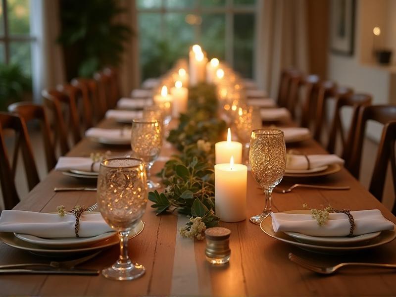 A cozy indoor micro wedding with a long wooden table set for 20 guests. The table is decorated with minimalist white candles, greenery garlands, and gold-rimmed glassware. Soft natural light filters through large windows, highlighting the intimate and elegant setting.